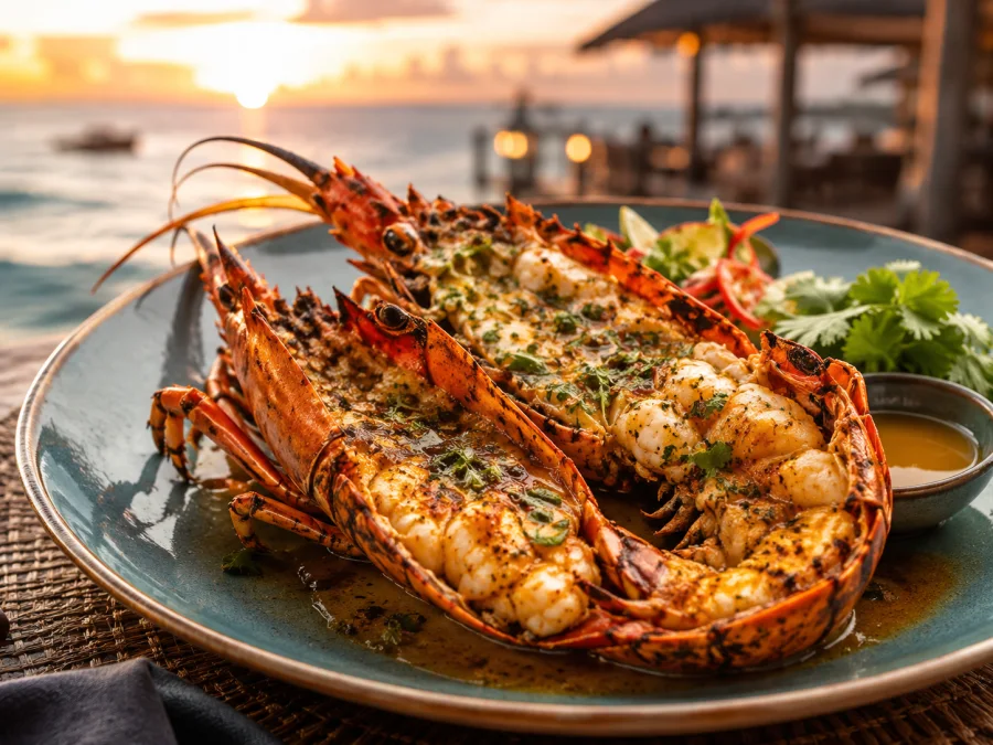 Grilled Zanzibar lobster on a plate, served at Blue Oasis