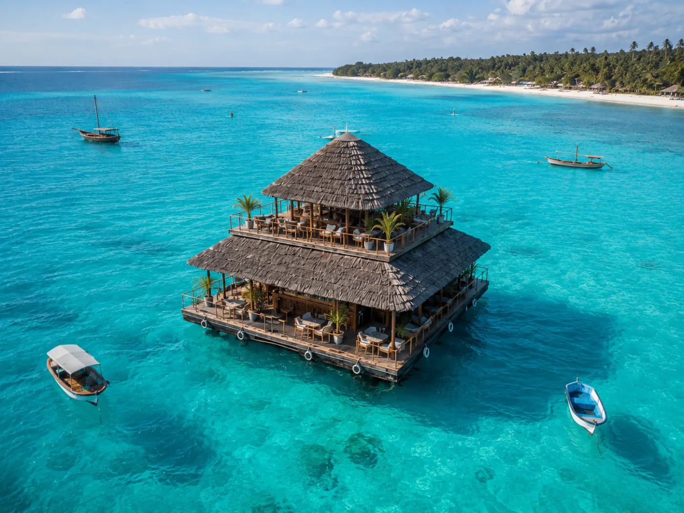Blue Oasis, the floating restaurant, seen from above on turquoise water