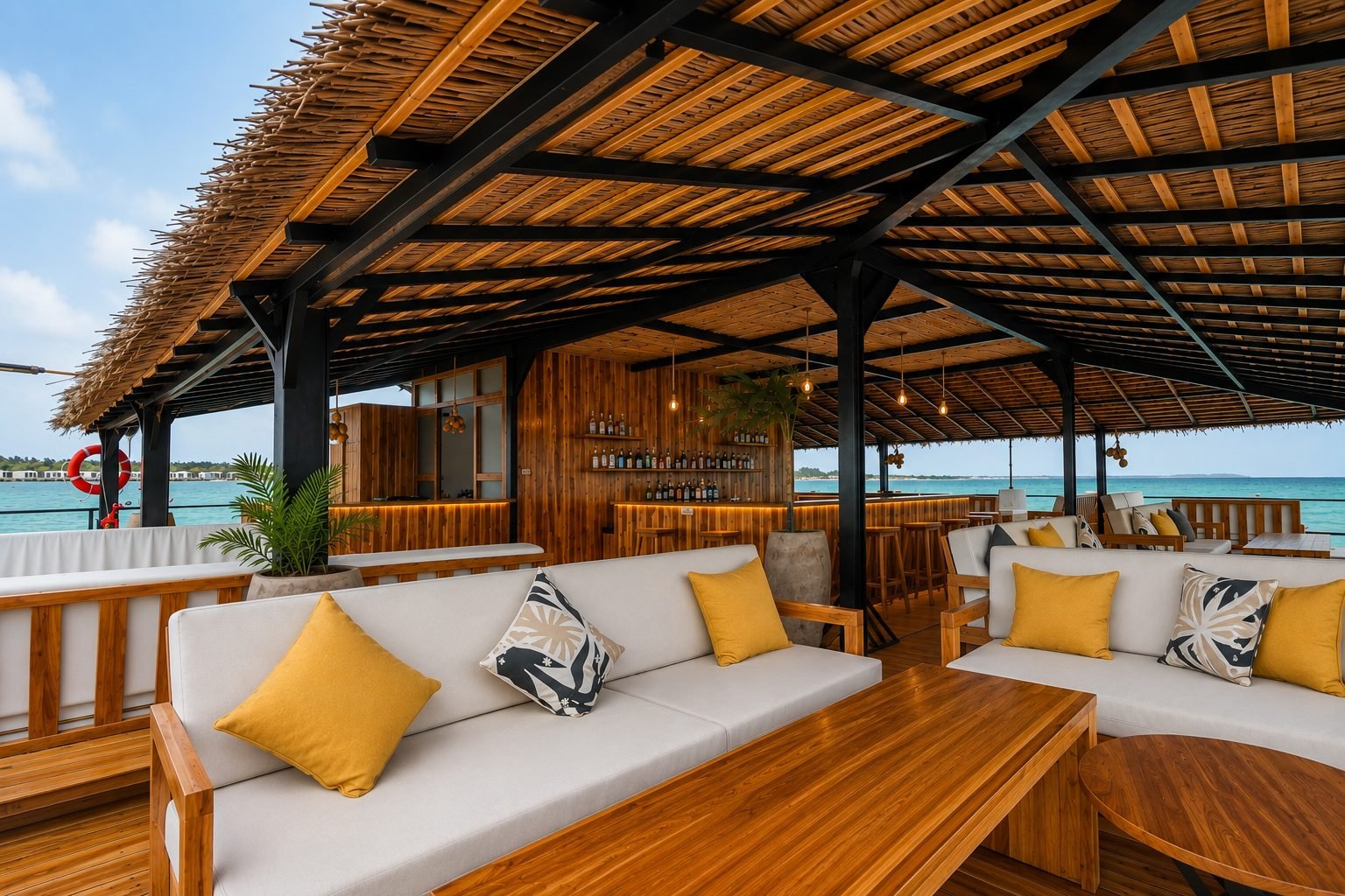 The bar and lounge under the makuti roof, open to the ocean