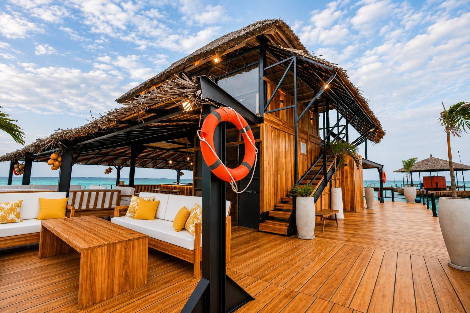 The deck lounge under the thatched makuti roof, with white sofas and the ocean beyond