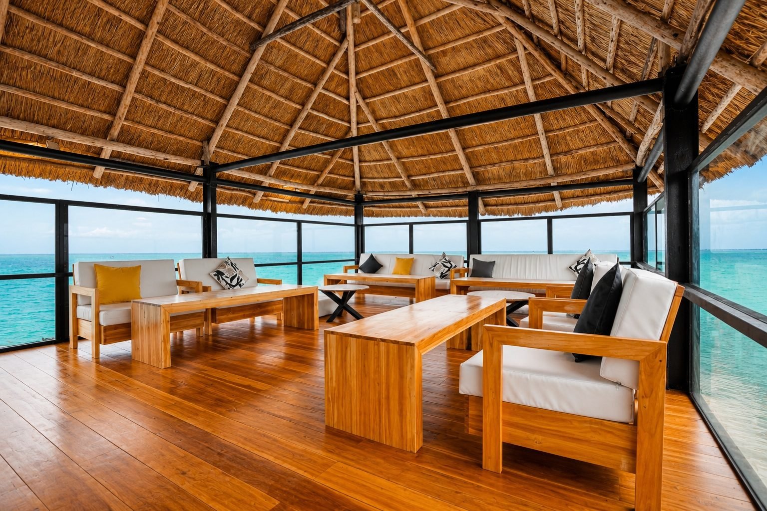 Teak lounge seating inside the glass-walled thatched lounge, with turquoise water on every side