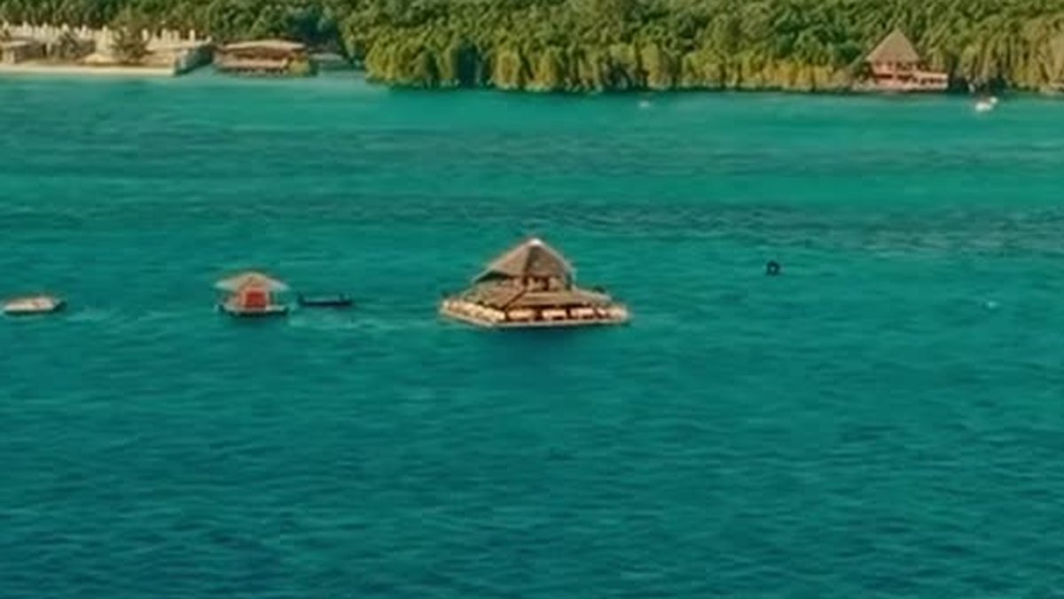 The Blue Oasis platform floating in the turquoise Michamvi lagoon, with the palm-fringed shore behind it