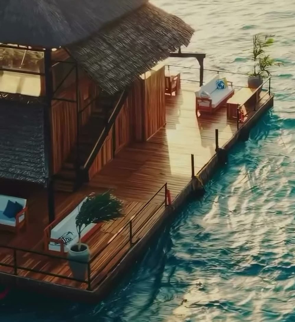 The Blue Oasis deck and thatched lounge floating over turquoise water, seen from the air